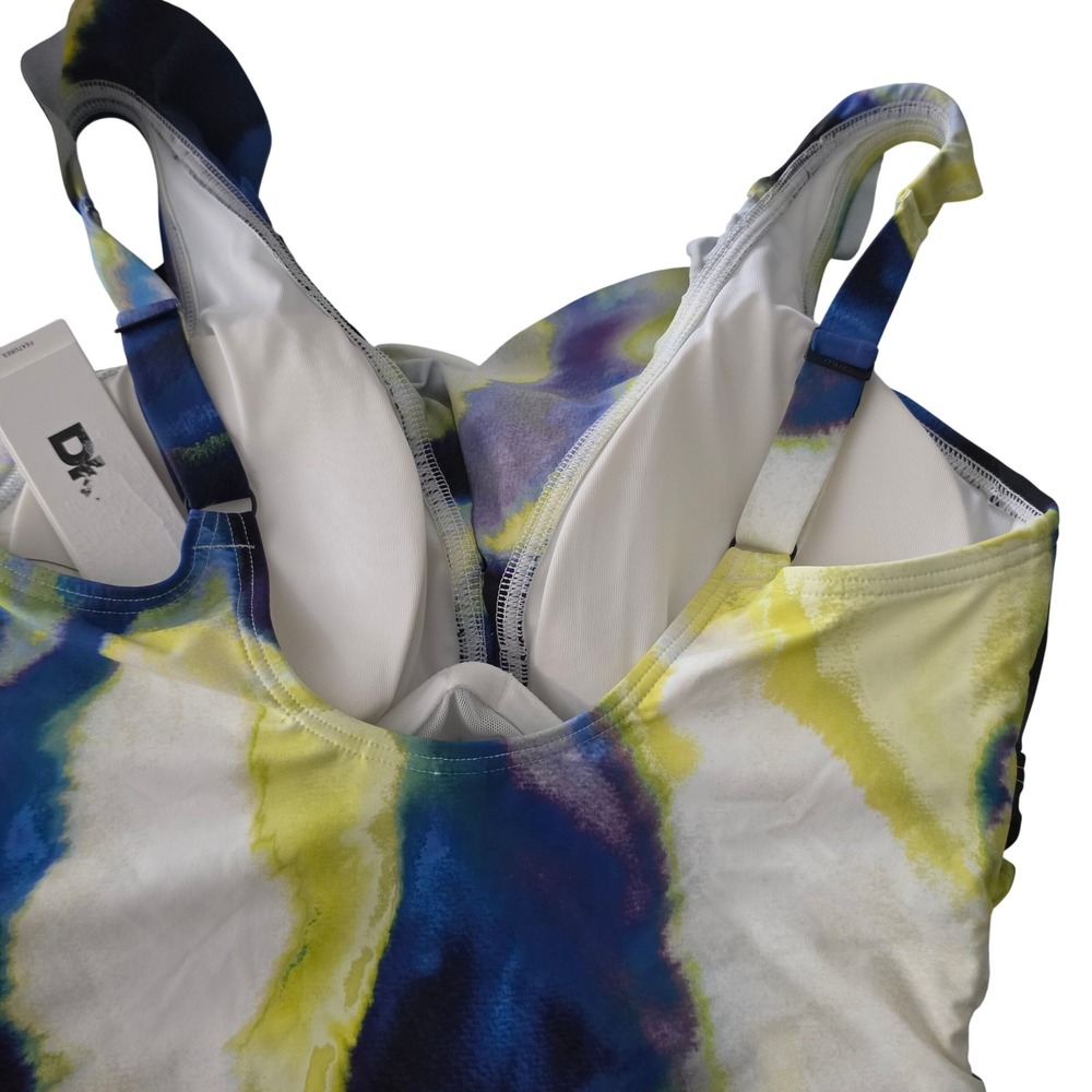 DKNY Womens One Piece Swimsuit Yellow Blue Abstract Watercolor Ruched Medium - Picture 6 of 10